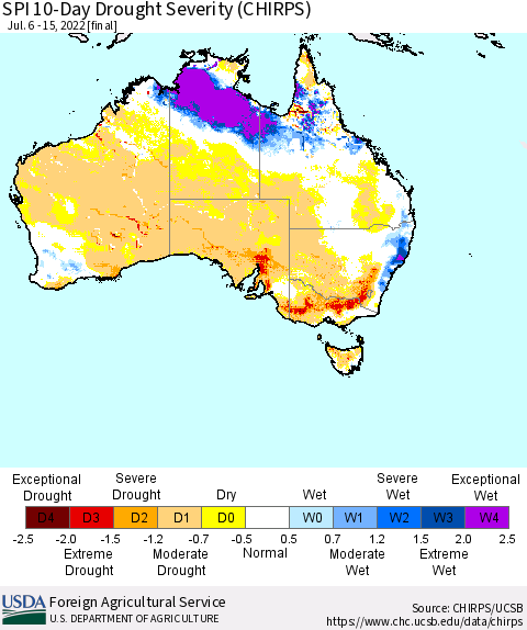 Australia SPI 10-Day Drought Severity (CHIRPS) Thematic Map For 7/6/2022 - 7/15/2022