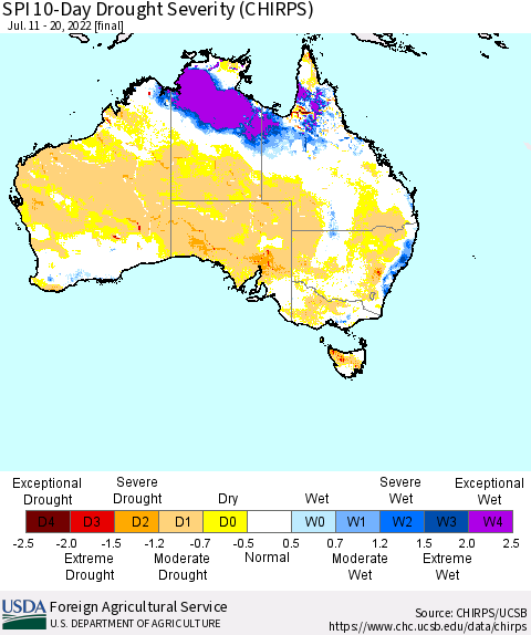 Australia SPI 10-Day Drought Severity (CHIRPS) Thematic Map For 7/11/2022 - 7/20/2022