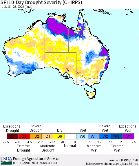 Australia SPI 10-Day Drought Severity (CHIRPS) Thematic Map For 7/16/2022 - 7/25/2022