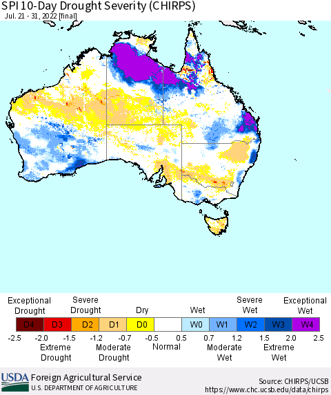 Australia SPI 10-Day Drought Severity (CHIRPS) Thematic Map For 7/21/2022 - 7/31/2022