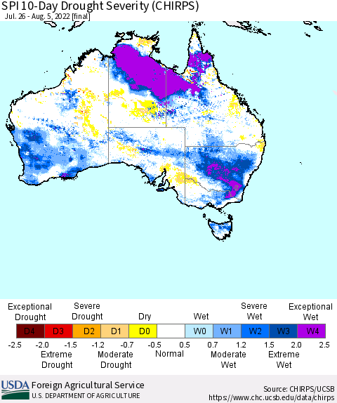 Australia SPI 10-Day Drought Severity (CHIRPS) Thematic Map For 7/26/2022 - 8/5/2022