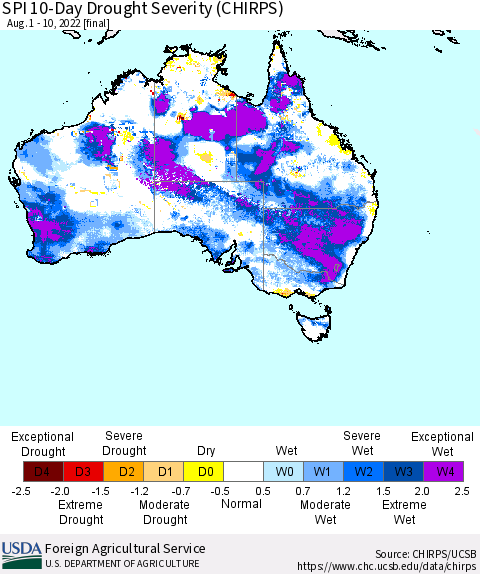 Australia SPI 10-Day Drought Severity (CHIRPS) Thematic Map For 8/1/2022 - 8/10/2022