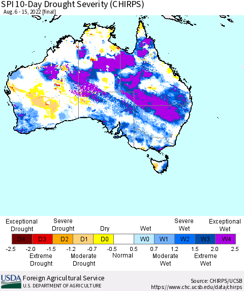 Australia SPI 10-Day Drought Severity (CHIRPS) Thematic Map For 8/6/2022 - 8/15/2022