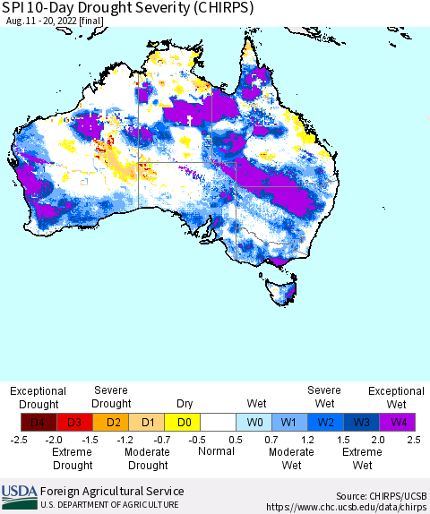 Australia SPI 10-Day Drought Severity (CHIRPS) Thematic Map For 8/11/2022 - 8/20/2022