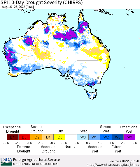 Australia SPI 10-Day Drought Severity (CHIRPS) Thematic Map For 8/16/2022 - 8/25/2022
