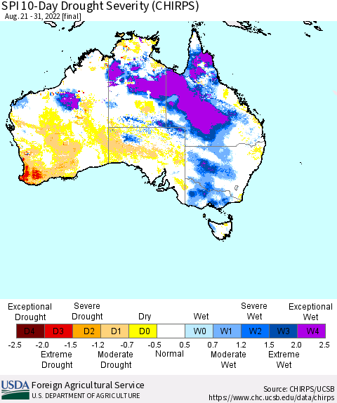 Australia SPI 10-Day Drought Severity (CHIRPS) Thematic Map For 8/21/2022 - 8/31/2022