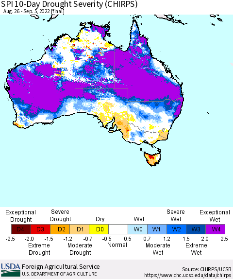 Australia SPI 10-Day Drought Severity (CHIRPS) Thematic Map For 8/26/2022 - 9/5/2022
