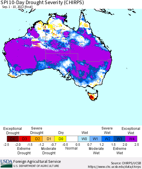Australia SPI 10-Day Drought Severity (CHIRPS) Thematic Map For 9/1/2022 - 9/10/2022