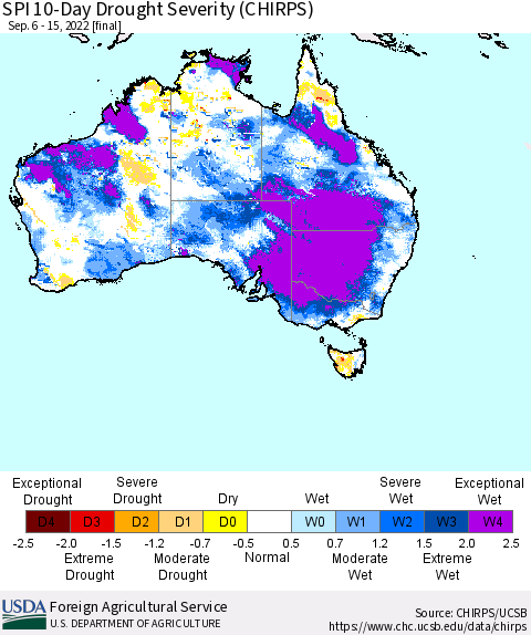 Australia SPI 10-Day Drought Severity (CHIRPS) Thematic Map For 9/6/2022 - 9/15/2022