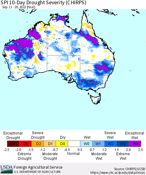 Australia SPI 10-Day Drought Severity (CHIRPS) Thematic Map For 9/11/2022 - 9/20/2022