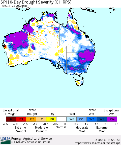 Australia SPI 10-Day Drought Severity (CHIRPS) Thematic Map For 9/16/2022 - 9/25/2022
