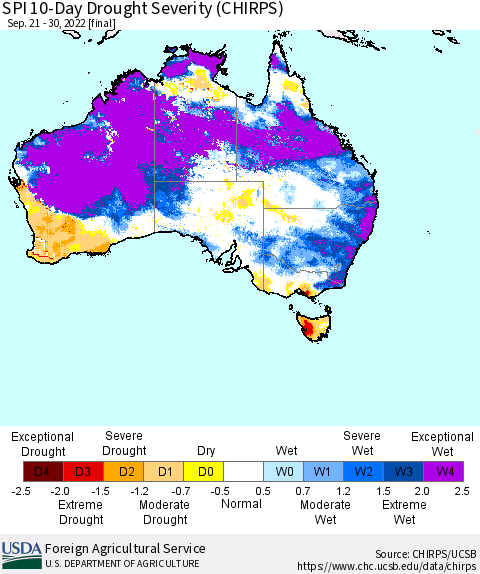 Australia SPI 10-Day Drought Severity (CHIRPS) Thematic Map For 9/21/2022 - 9/30/2022