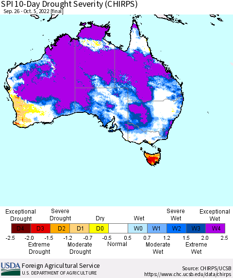 Australia SPI 10-Day Drought Severity (CHIRPS) Thematic Map For 9/26/2022 - 10/5/2022