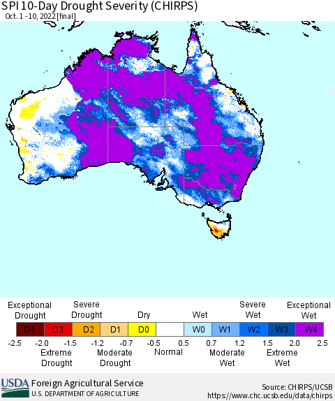 Australia SPI 10-Day Drought Severity (CHIRPS) Thematic Map For 10/1/2022 - 10/10/2022