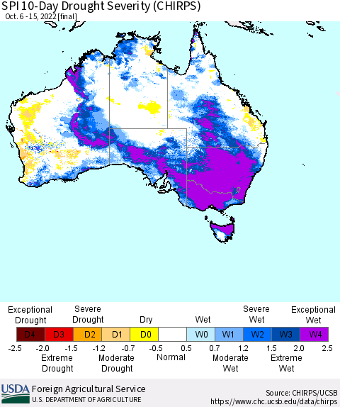 Australia SPI 10-Day Drought Severity (CHIRPS) Thematic Map For 10/6/2022 - 10/15/2022