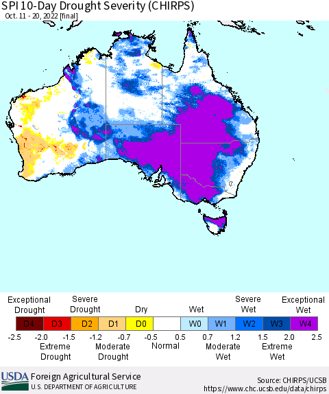 Australia SPI 10-Day Drought Severity (CHIRPS) Thematic Map For 10/11/2022 - 10/20/2022