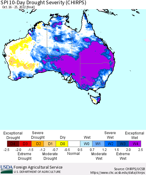 Australia SPI 10-Day Drought Severity (CHIRPS) Thematic Map For 10/16/2022 - 10/25/2022