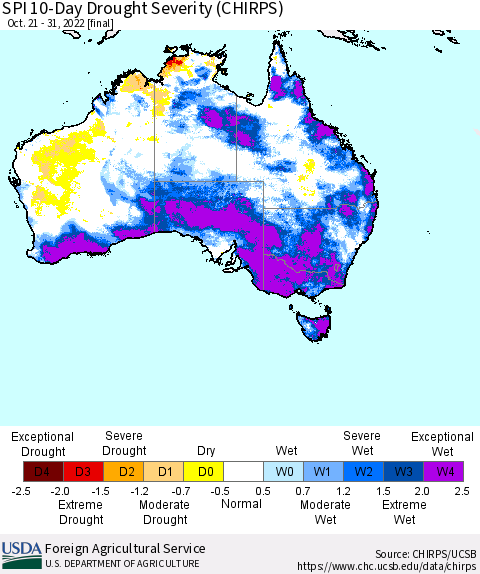 Australia SPI 10-Day Drought Severity (CHIRPS) Thematic Map For 10/21/2022 - 10/31/2022