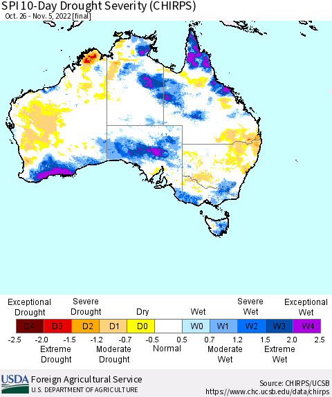 Australia SPI 10-Day Drought Severity (CHIRPS) Thematic Map For 10/26/2022 - 11/5/2022
