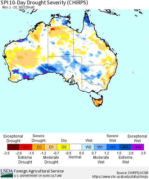 Australia SPI 10-Day Drought Severity (CHIRPS) Thematic Map For 11/1/2022 - 11/10/2022