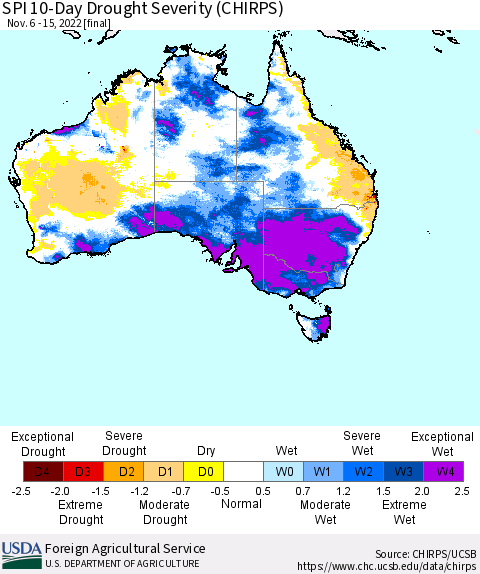 Australia SPI 10-Day Drought Severity (CHIRPS) Thematic Map For 11/6/2022 - 11/15/2022