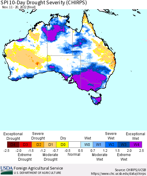 Australia SPI 10-Day Drought Severity (CHIRPS) Thematic Map For 11/11/2022 - 11/20/2022
