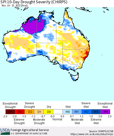Australia SPI 10-Day Drought Severity (CHIRPS) Thematic Map For 11/16/2022 - 11/25/2022