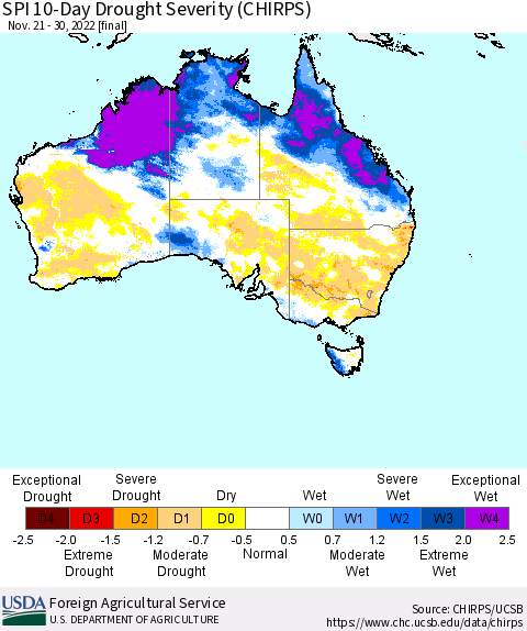 Australia SPI 10-Day Drought Severity (CHIRPS) Thematic Map For 11/21/2022 - 11/30/2022