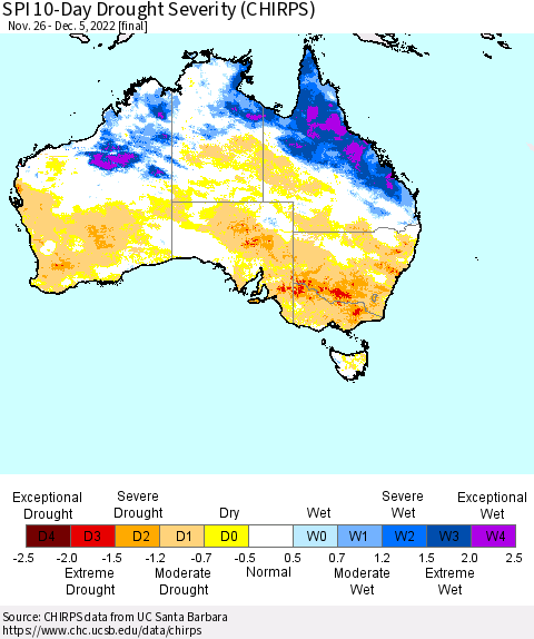 Australia SPI 10-Day Drought Severity (CHIRPS) Thematic Map For 11/26/2022 - 12/5/2022