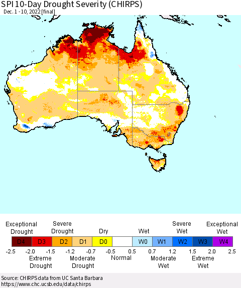 Australia SPI 10-Day Drought Severity (CHIRPS) Thematic Map For 12/1/2022 - 12/10/2022