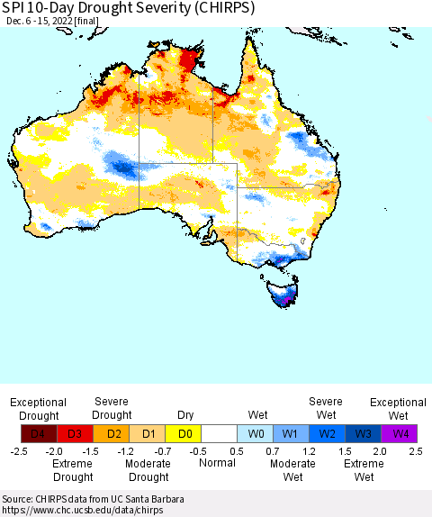 Australia SPI 10-Day Drought Severity (CHIRPS) Thematic Map For 12/6/2022 - 12/15/2022