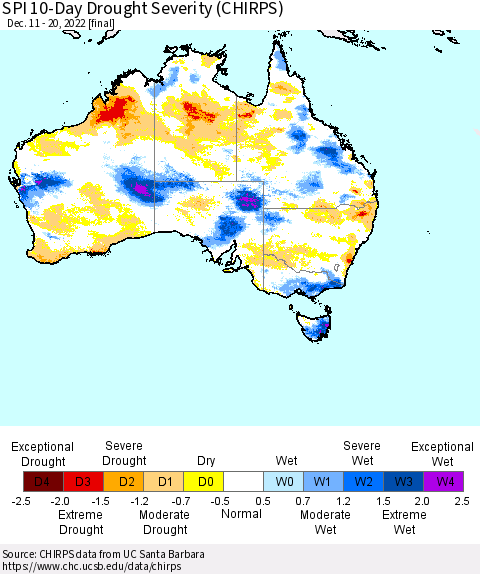Australia SPI 10-Day Drought Severity (CHIRPS) Thematic Map For 12/11/2022 - 12/20/2022