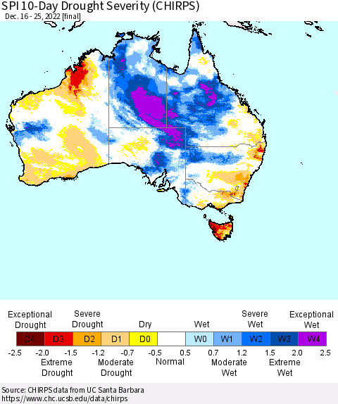 Australia SPI 10-Day Drought Severity (CHIRPS) Thematic Map For 12/16/2022 - 12/25/2022