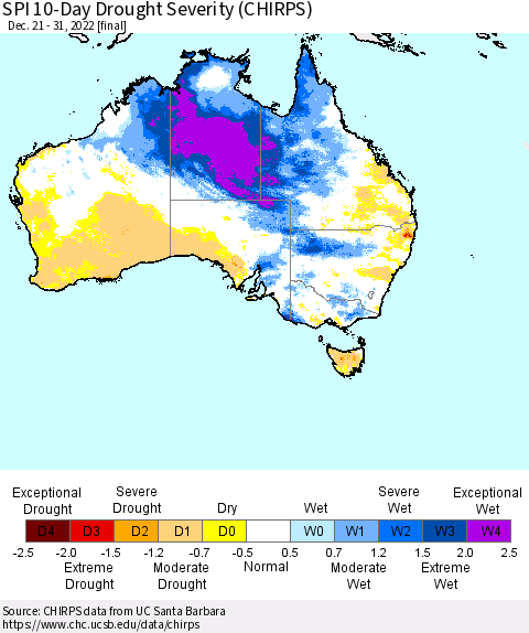 Australia SPI 10-Day Drought Severity (CHIRPS) Thematic Map For 12/21/2022 - 12/31/2022