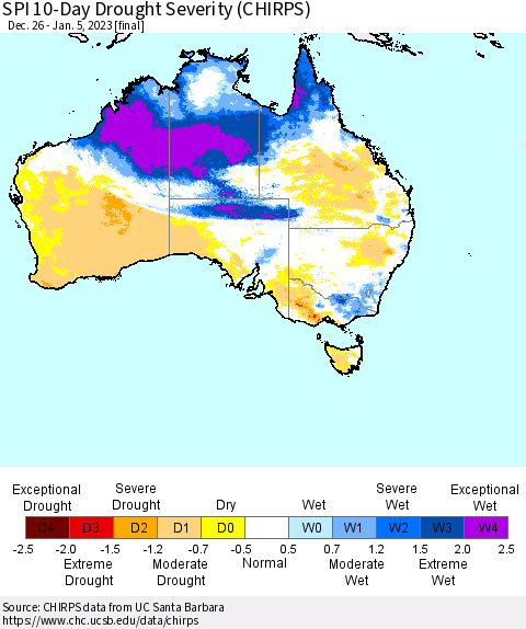 Australia SPI 10-Day Drought Severity (CHIRPS) Thematic Map For 12/26/2022 - 1/5/2023