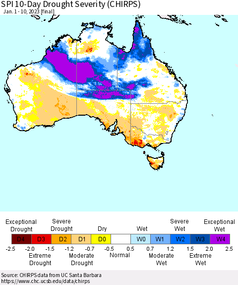 Australia SPI 10-Day Drought Severity (CHIRPS) Thematic Map For 1/1/2023 - 1/10/2023