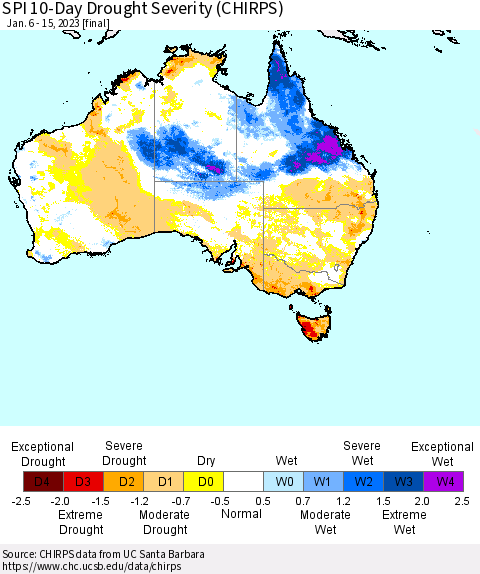 Australia SPI 10-Day Drought Severity (CHIRPS) Thematic Map For 1/6/2023 - 1/15/2023
