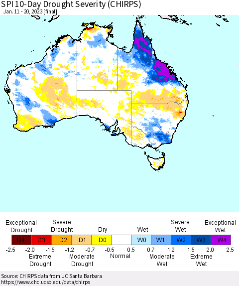 Australia SPI 10-Day Drought Severity (CHIRPS) Thematic Map For 1/11/2023 - 1/20/2023