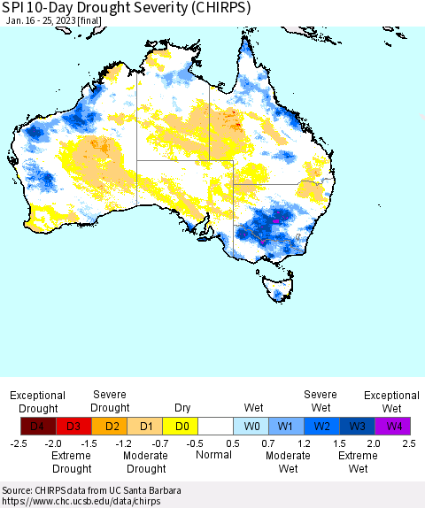 Australia SPI 10-Day Drought Severity (CHIRPS) Thematic Map For 1/16/2023 - 1/25/2023