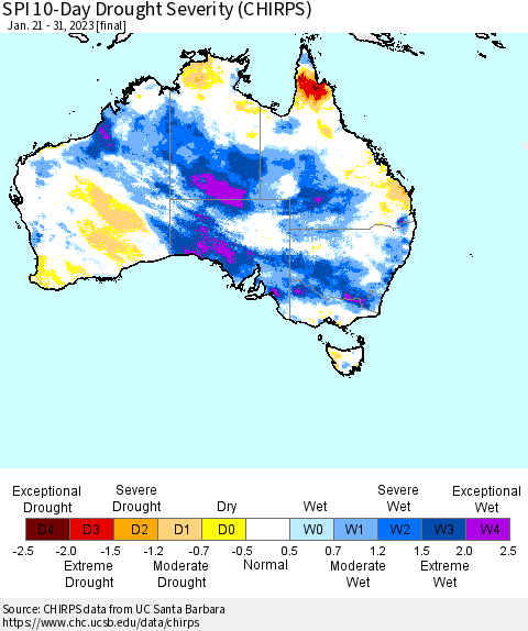 Australia SPI 10-Day Drought Severity (CHIRPS) Thematic Map For 1/21/2023 - 1/31/2023