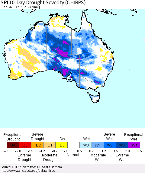 Australia SPI 10-Day Drought Severity (CHIRPS) Thematic Map For 1/26/2023 - 2/5/2023