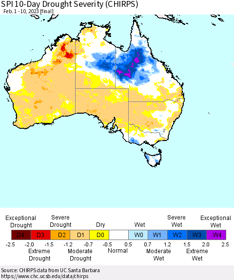 Australia SPI 10-Day Drought Severity (CHIRPS) Thematic Map For 2/1/2023 - 2/10/2023