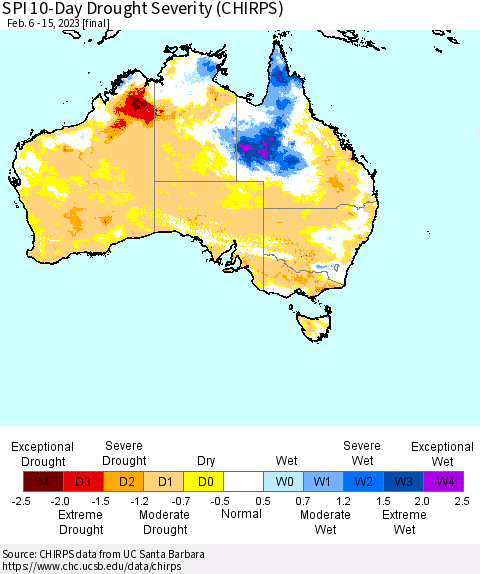 Australia SPI 10-Day Drought Severity (CHIRPS) Thematic Map For 2/6/2023 - 2/15/2023