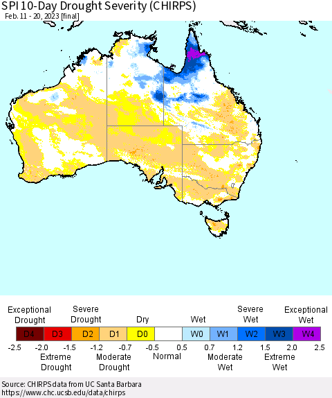 Australia SPI 10-Day Drought Severity (CHIRPS) Thematic Map For 2/11/2023 - 2/20/2023