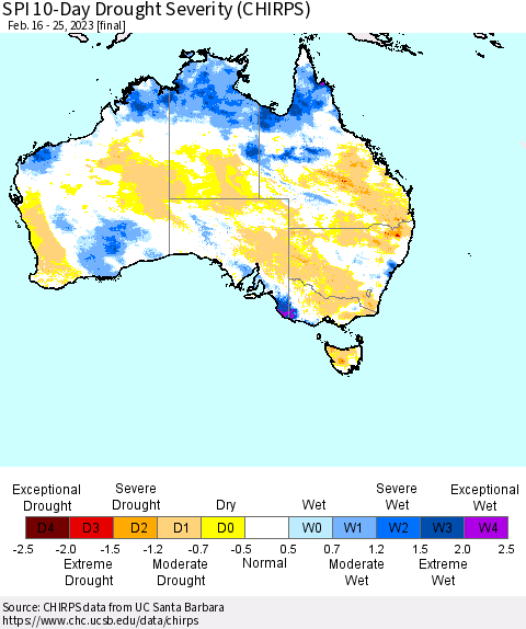 Australia SPI 10-Day Drought Severity (CHIRPS) Thematic Map For 2/16/2023 - 2/25/2023