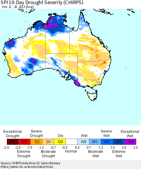 Australia SPI 10-Day Drought Severity (CHIRPS) Thematic Map For 2/21/2023 - 2/28/2023