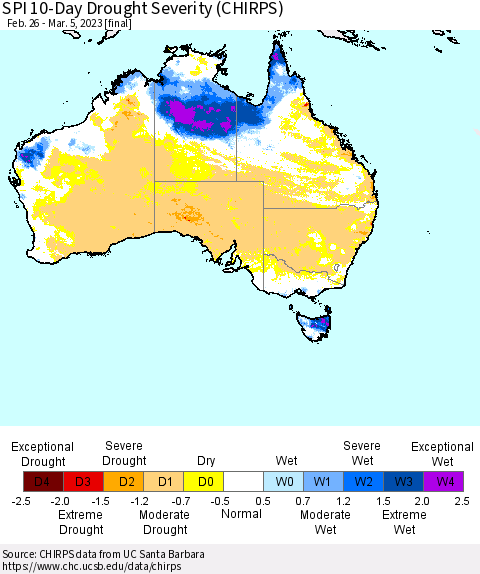 Australia SPI 10-Day Drought Severity (CHIRPS) Thematic Map For 2/26/2023 - 3/5/2023