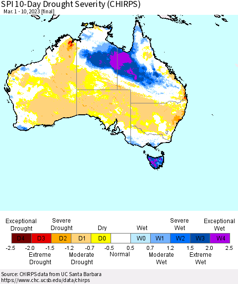 Australia SPI 10-Day Drought Severity (CHIRPS) Thematic Map For 3/1/2023 - 3/10/2023