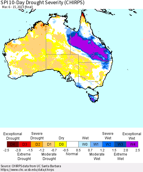Australia SPI 10-Day Drought Severity (CHIRPS) Thematic Map For 3/6/2023 - 3/15/2023