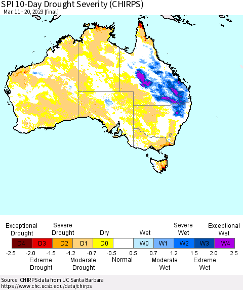 Australia SPI 10-Day Drought Severity (CHIRPS) Thematic Map For 3/11/2023 - 3/20/2023